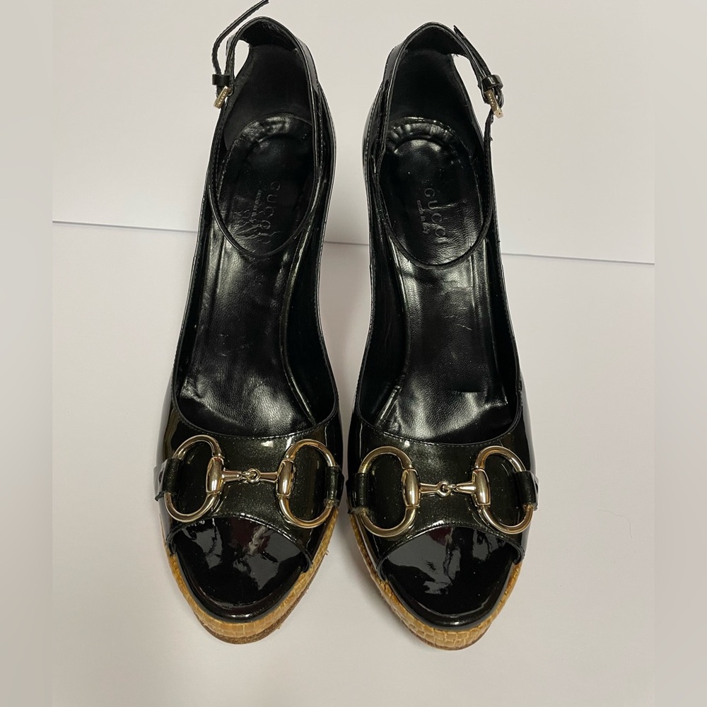 Gucci patent leather ankle strap Black Wedge Sandals pumps heels 6.5 B - Picture 4 of 10